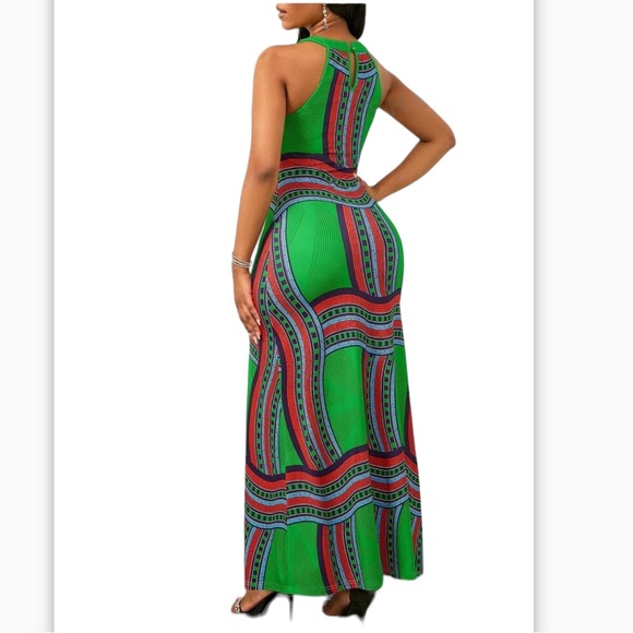Sexy, Green, Red Geometric Printed Halter Neck, Boho, Swing Tribal Dress, Sz L - Picture 2 of 5